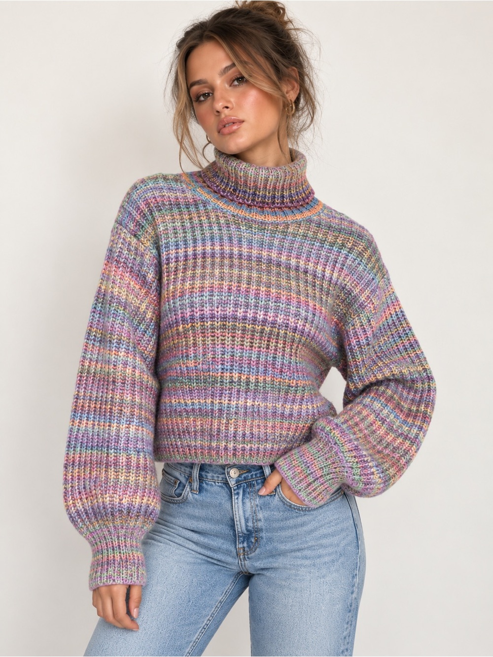 Topshop Pastel Rainbow Chunky Knit Turtleneck Balloon Sleeve Sweater S